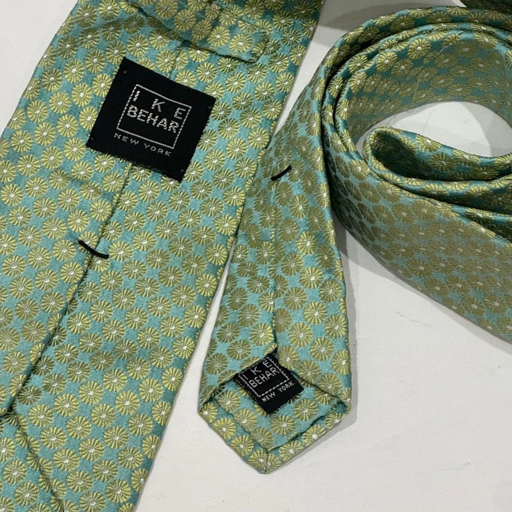 Ike Behar Necktie‎ Mens OS Seafoam Green Silk Geometric Floral Medallion USA